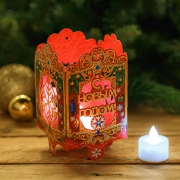 Подсвечник новогодний со светодиодной свечой "С Новым годом" красный