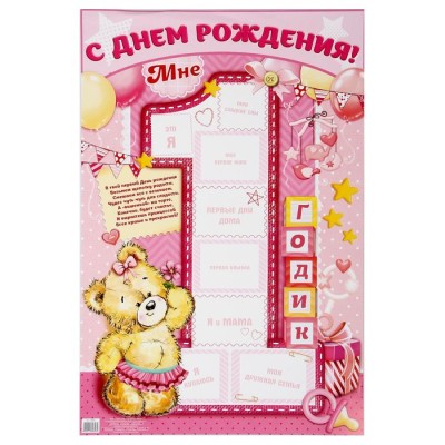Плакат с местом для фото "1 годик", розовый